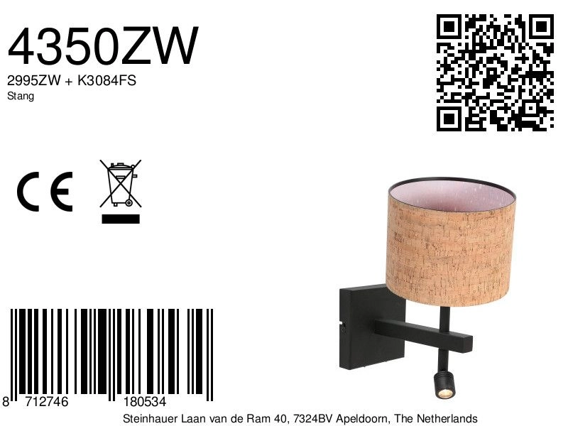 Lampe de chevet noire Stang avec un chapeau en liège Ø20cm Steinhauer 8712746180534