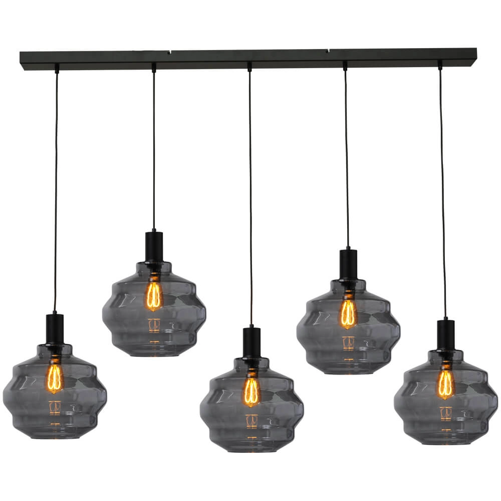 Lampe suspendue 5 lumières - noire - Porto avec verres à fumée Ball - Ø 30cm