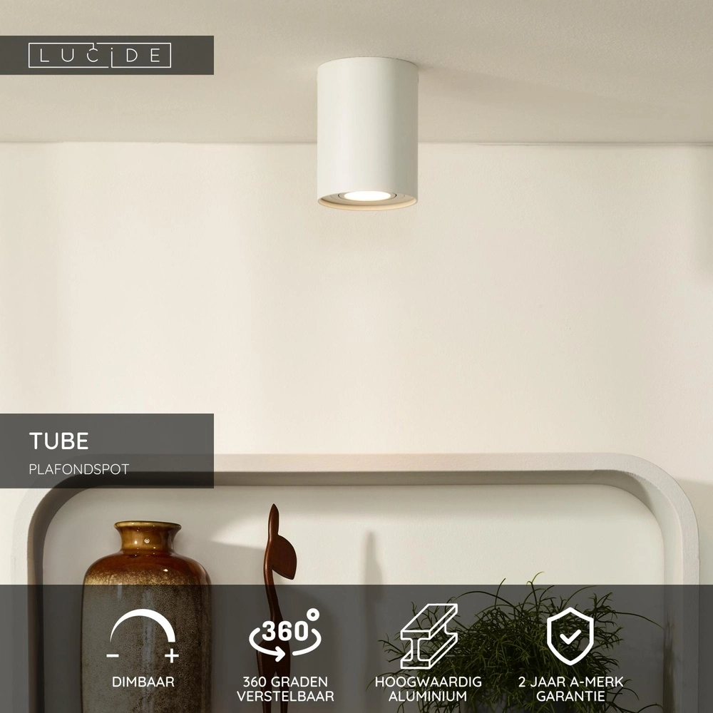Emplacement de plafond monté en surface Tube blanc Ø 9,6 cm Lucide 5411212220790