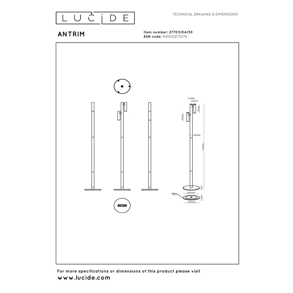 Lampe de lecture rechargeable Antrim IP54 noir à deux lumières Lucide 5411212272270