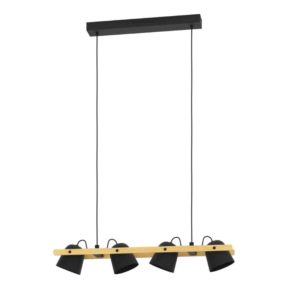Lampe suspendue 4 lumières Hornwood-Z noir avec du bois
