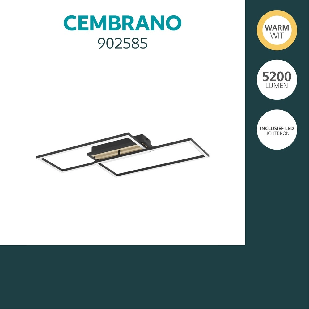 Lampe de plafond moderne Cembrano Rectangle noir avec bois Eglo 9008606388110