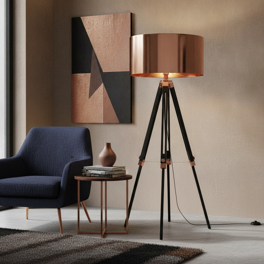 Lampadaire tripode Jewel 150cm noir avec cuivre rouge