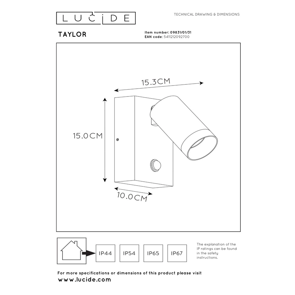Projecteur mural Taylor IP54 avec le capteur blanc Lucide 5411212092700