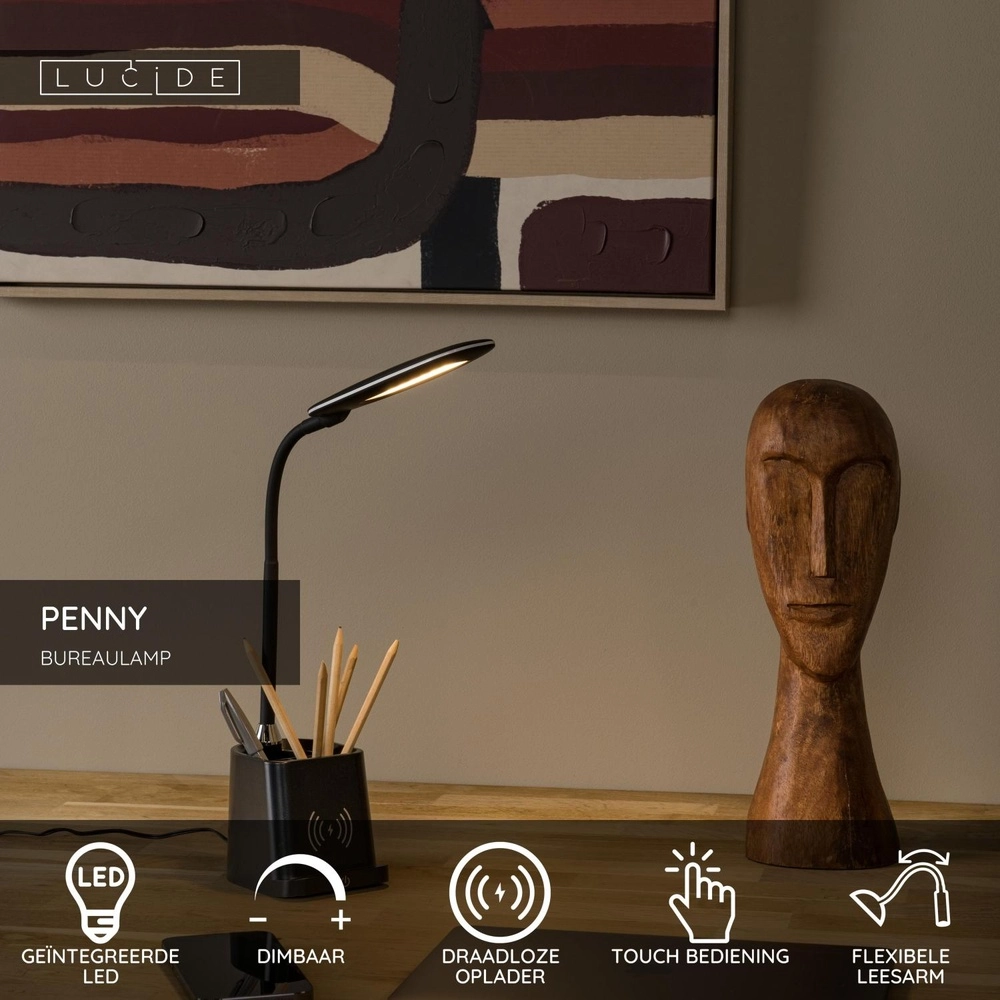 Lampe de bureau Penny avec le panneau de recharge sans fil noir Lucide 5411212185914