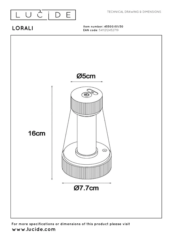 Lampe de table rechargeable Lorali Noir Lucide 5411212452719