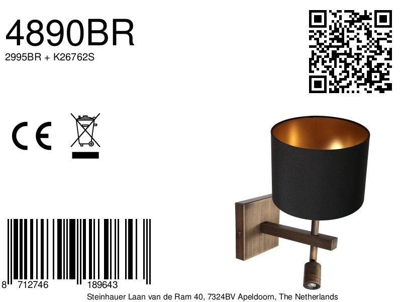 Lampe murale Stang avec capuche noire Steinhauer 8712746189643