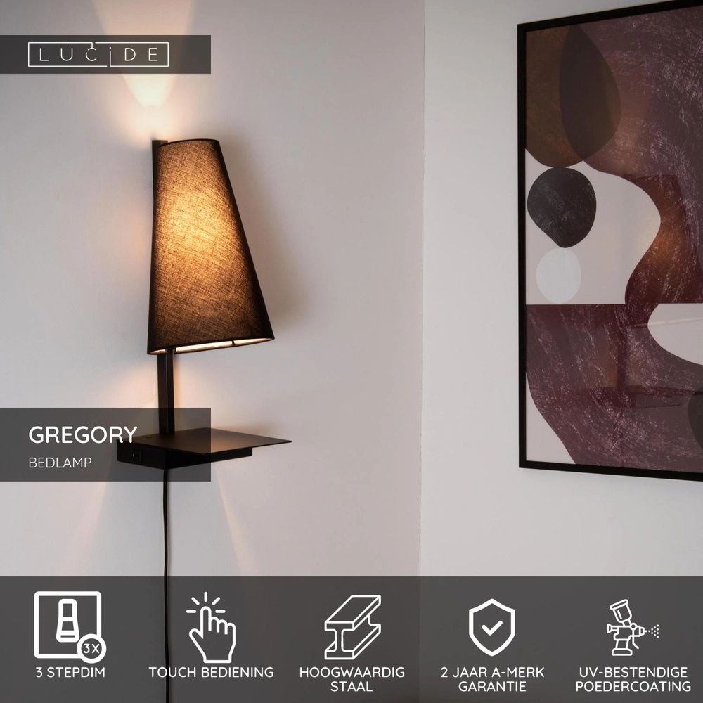Lampe de chevet conçue Gregory noir avec un point de charge USB Lucide 5411212303370