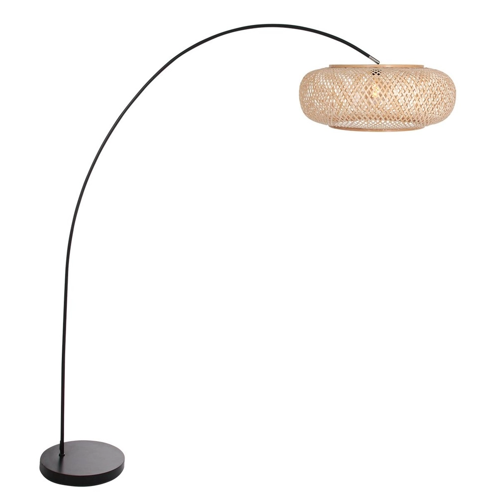 Lampe à arc solva noir avec abat-jour en rotin Ø 60cm