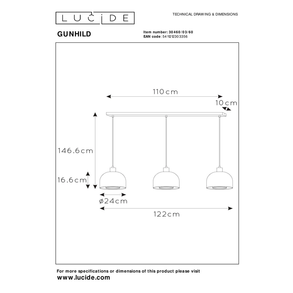 Lampe pendante de conception Gunhild Quinte or à 3 lumières Lucide 5411212303356