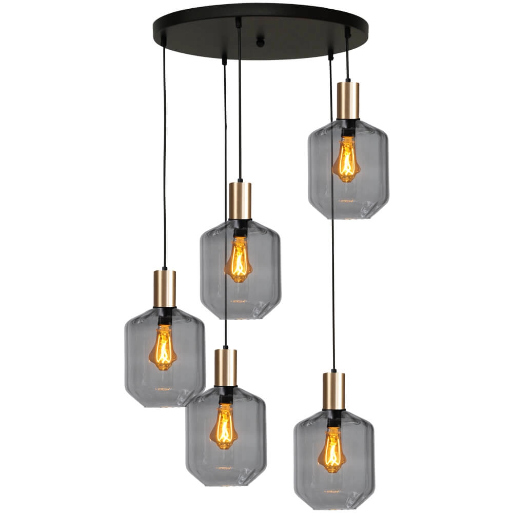 Suspension loft 5 lumières - dorée - Porto avec des verres à fumée Jagger