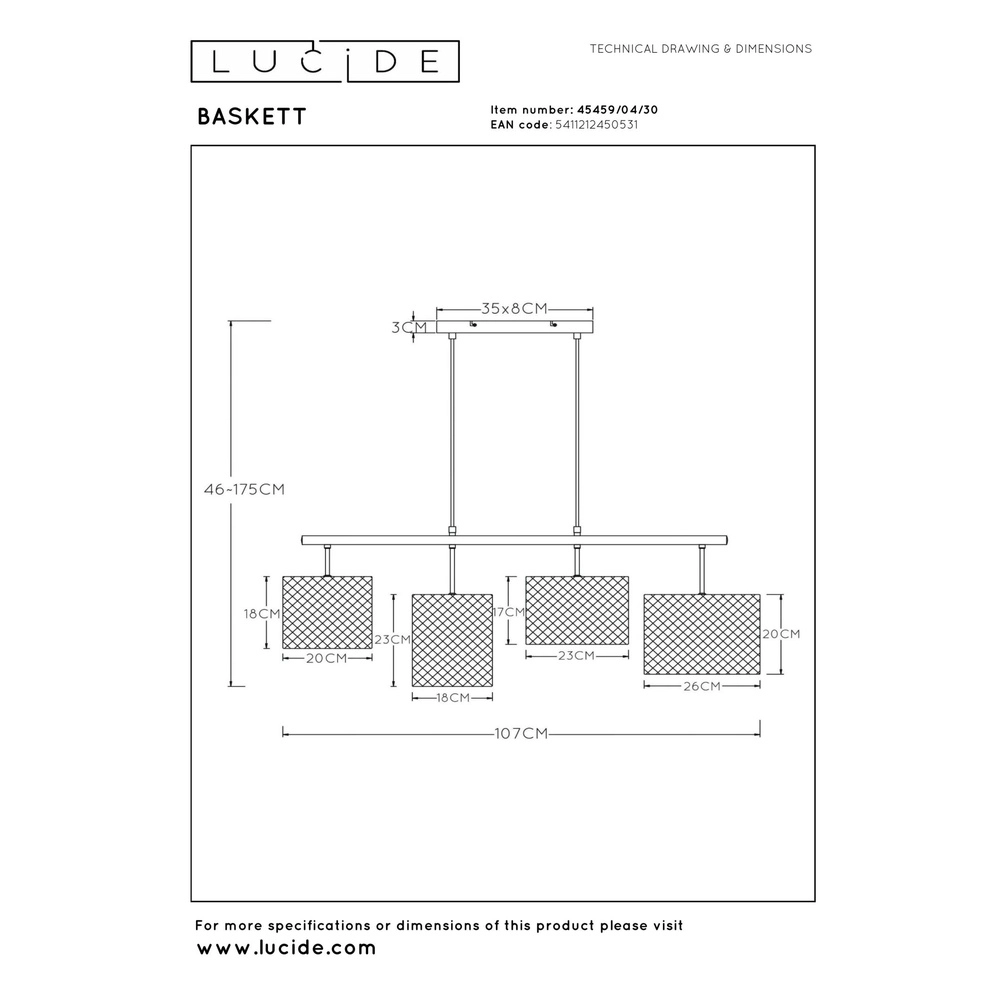 Lampe suspendue à 4 lumières Baskett noir avec bois Lucide 5411212450531
