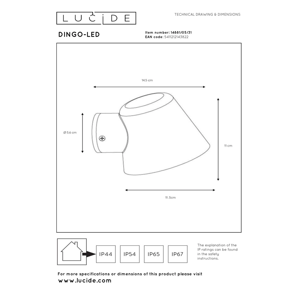 Projecteur mural Dingo-Led IP44 blanc Lucide 5411212143822