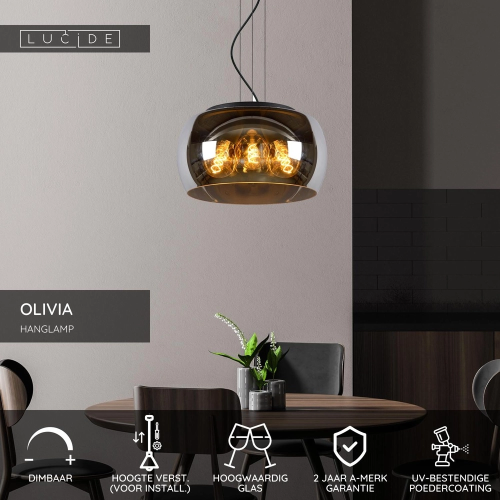 Lampe pendante de conception Olivia Ø 40cm noir avec verre fumé Lucide 5411212452092