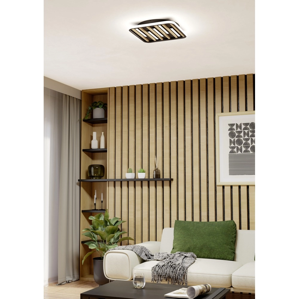 Lampe de plafond moderne Cembrano noir avec carré en bois Eglo 9008606388141