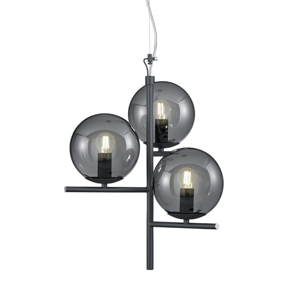 Lampe à suspension Pure 3 lumières noir avec verre fumé