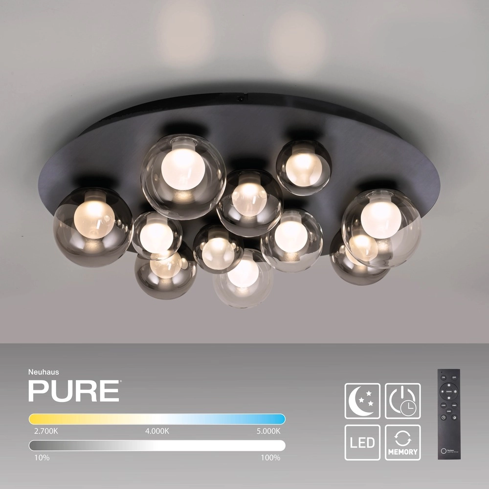 Lampe de plafond à 11 lumières Pure Popup Gris mystique avec verre fumé Paul Neuhaus 4012248397176