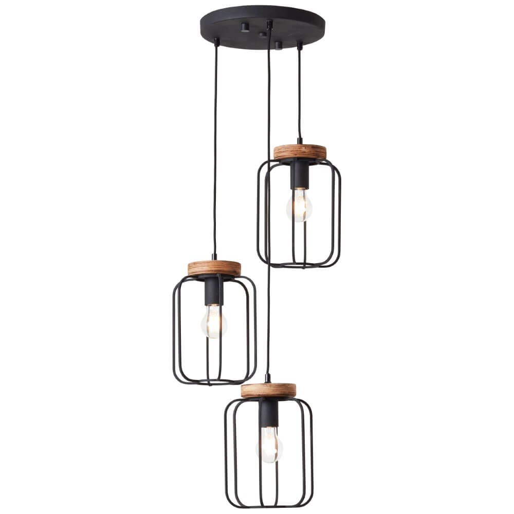 Lampe suspendue Tosh Disk 3 lumières noir avec bois marron