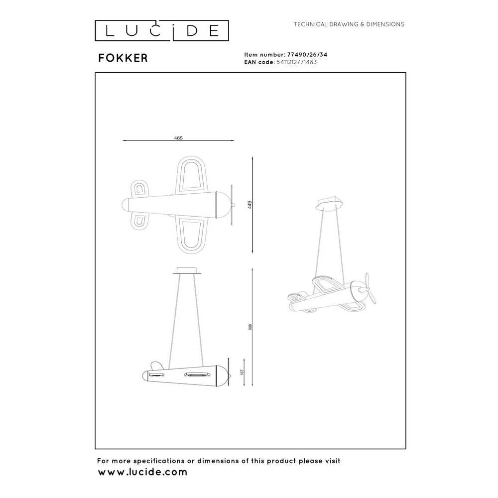 Lampe suspendue pour la chambre des enfants Fokker Jaune avion Lucide 5411212771483