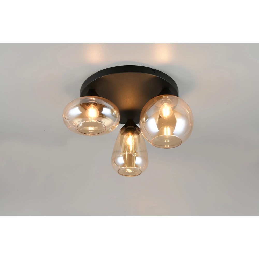 Plafonnier 3 lumières Lumina noir avec verre ambré Trio 4017807663150