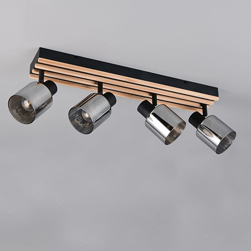 Lampe de plafond à 4 lumières Travia noir avec bois Trio 4017807682618