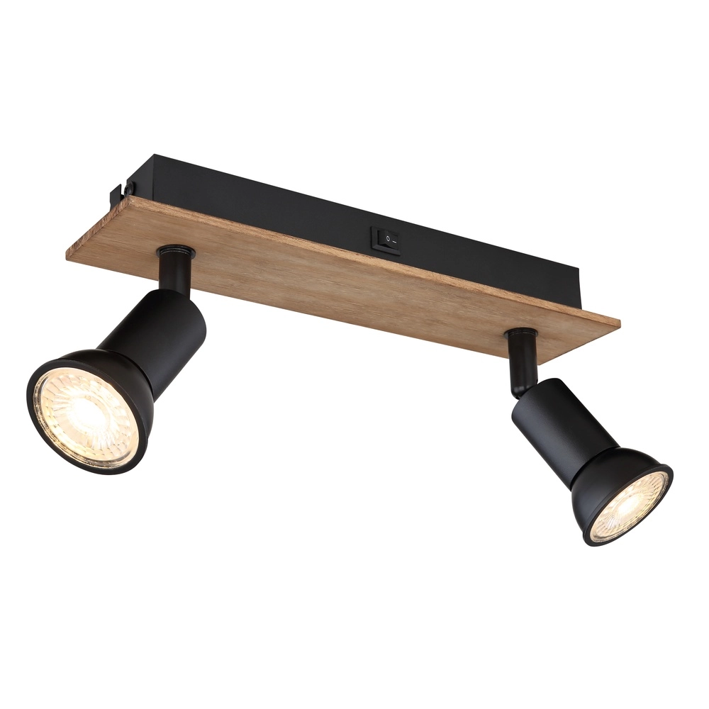 Projecteur de plafond Drew noir avec deux lumières en bois