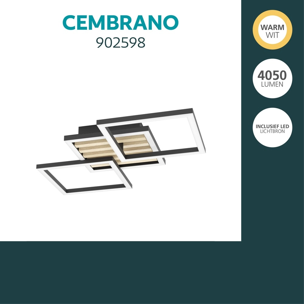 Lampe de plafond moderne Cembrano noir avec un carré en bois 65,5 cm Eglo 9008606388233