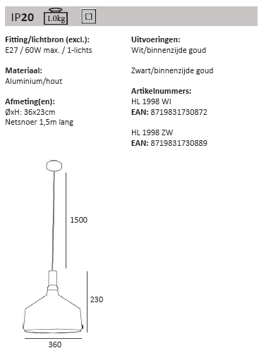 Lampe à suspension blanche avec or Cornet Artdelight 8719831730872