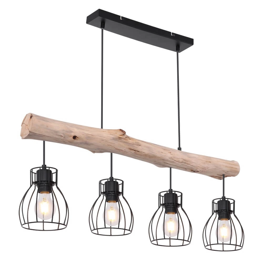 Lampe suspendue rurale Mina noir avec bois 4 lumières Lampe suspendue rurale Mina noir avec bois 4 lumières