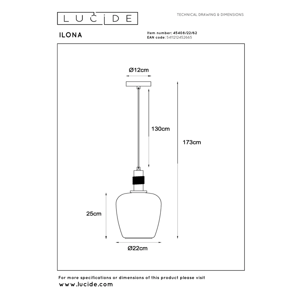 Lampe suspendue Ilona Ø 22cm noir avec verre ambré Lucide 5411212452665