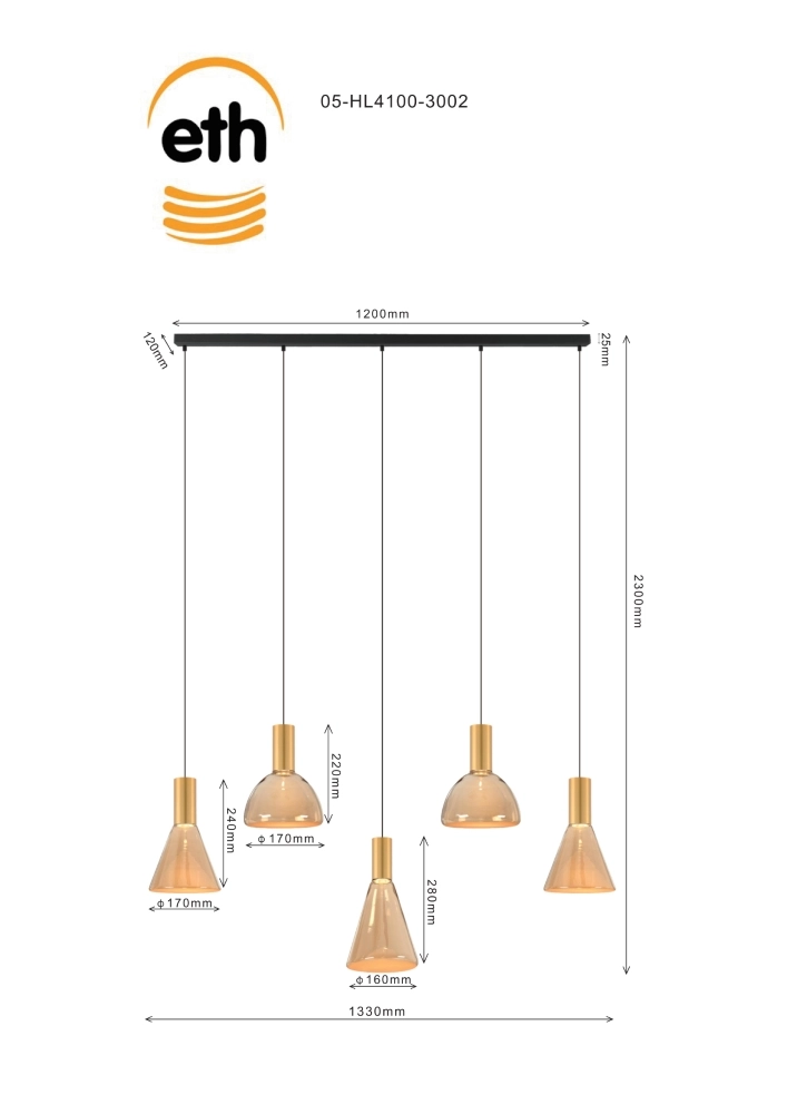 Lampe pendante de salle à manger Lisa Or avec verre ambré ETH 8720195310198