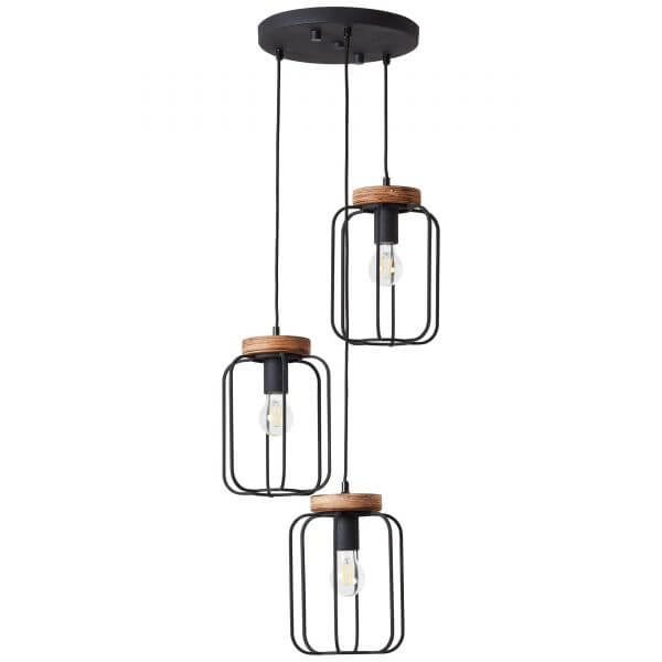 Lampe suspendue Tosh Disk 3 lumières noir avec bois marron Brilliant 4004353395345
