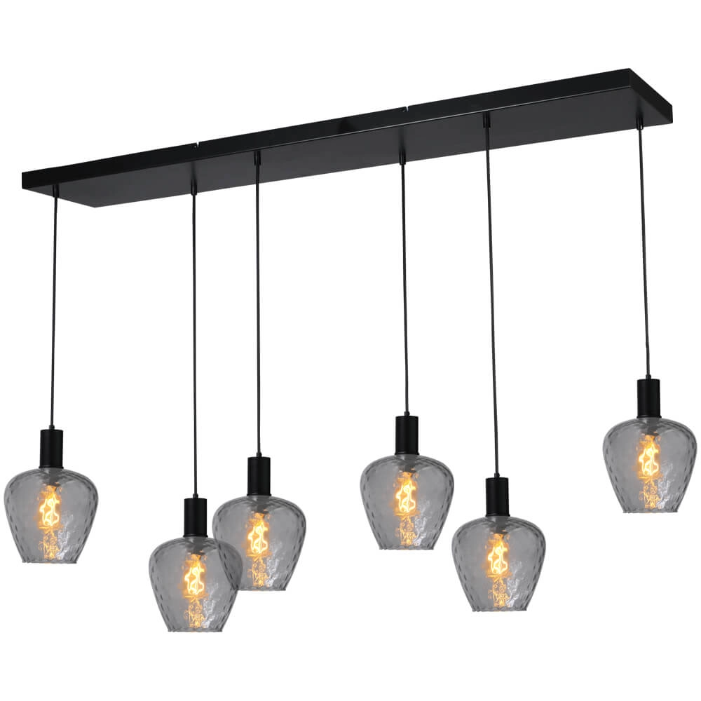 Lampe suspendue 6 lumières - noire - Porto avec des verres à fumée Diamond
