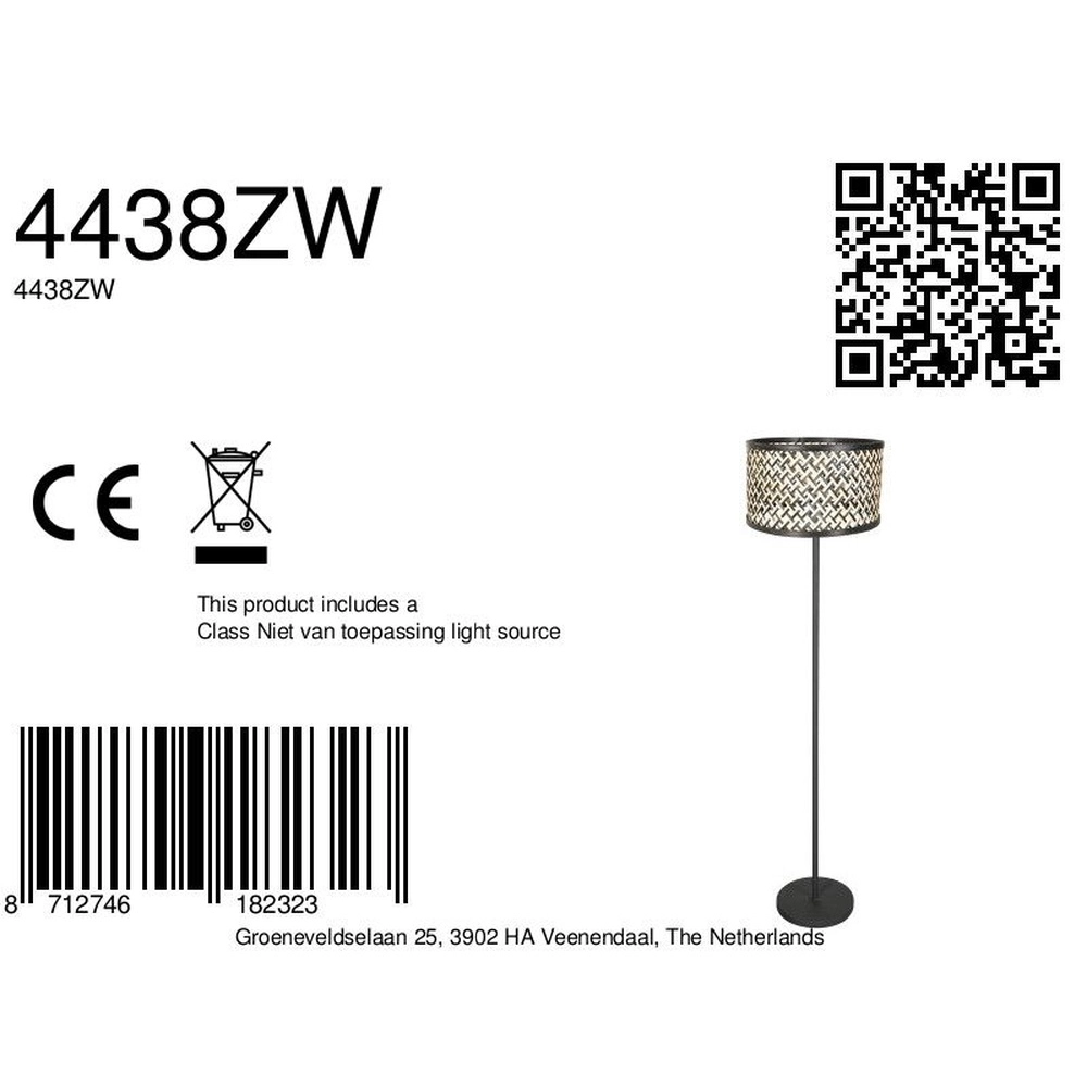 Lampadaire noir Noor avec rotin et capot noir Steinhauer 8712746182323