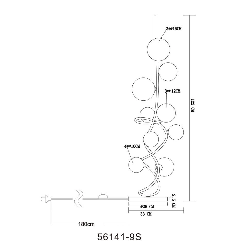 Lampadaire noir Tuberius Design 9 lumières Globo 9007371455447