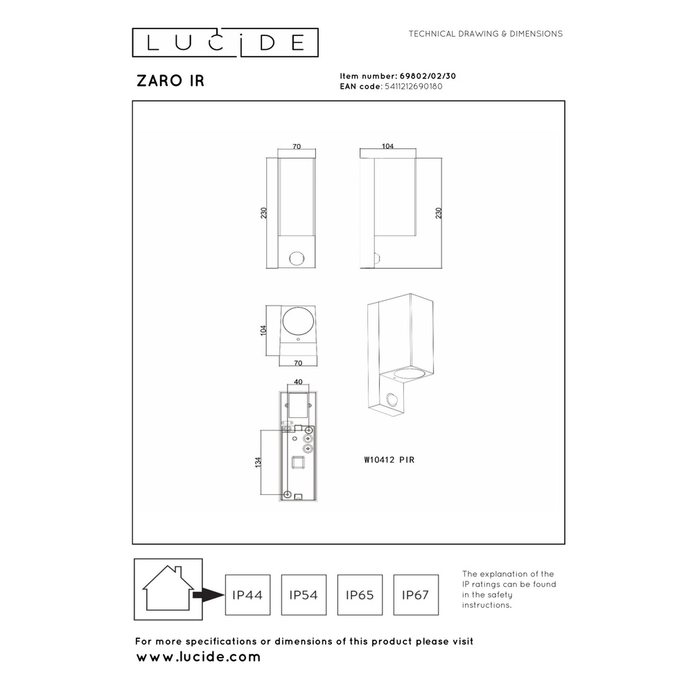 Emplacement mural de conception Zaro Noir haut et bas avec capteur Lucide 5411212690180