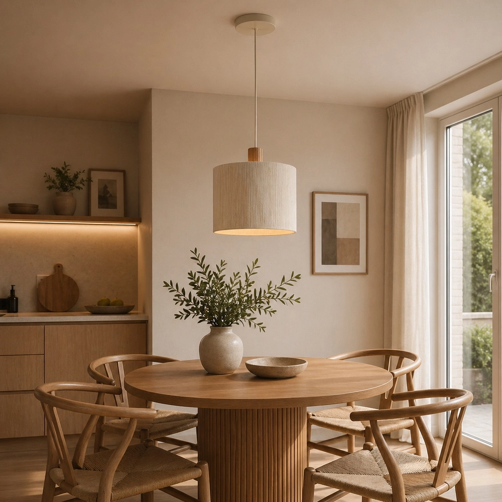 Lampe suspendue beige Arlo avec du japandi en bois Ø 35cm Brilliant 4004353477089