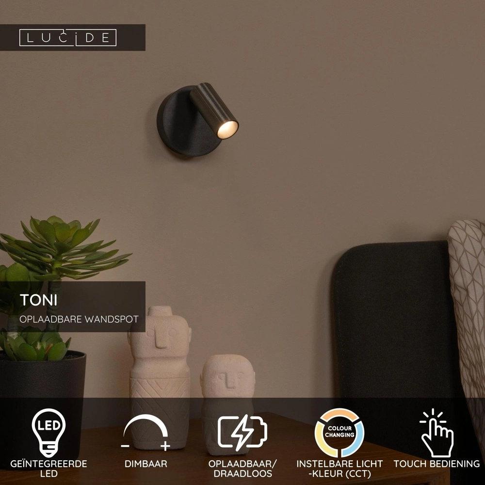 Lampe murale rechargeable Toni Gris métallique magnétique Lucide 5411212290533