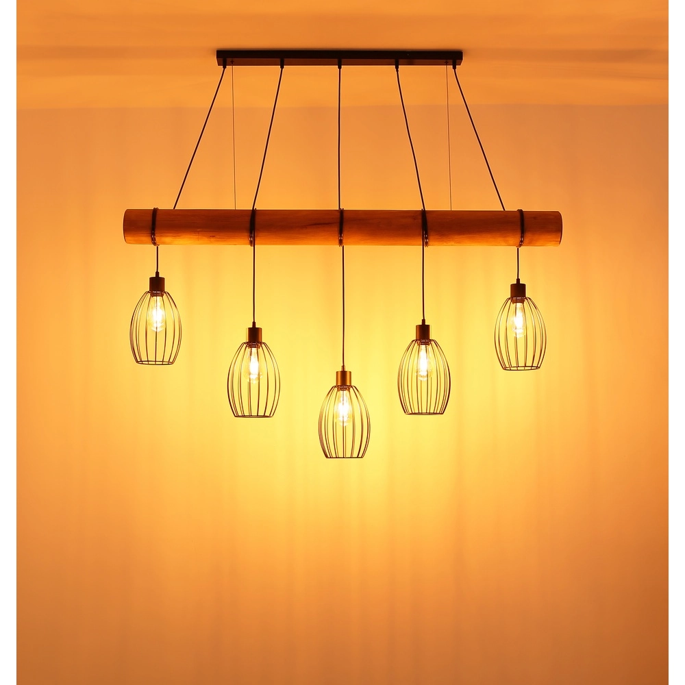 Lampe pendante de campagne Berti Bois à 5 clairs avec noir Globo 9007371586325
