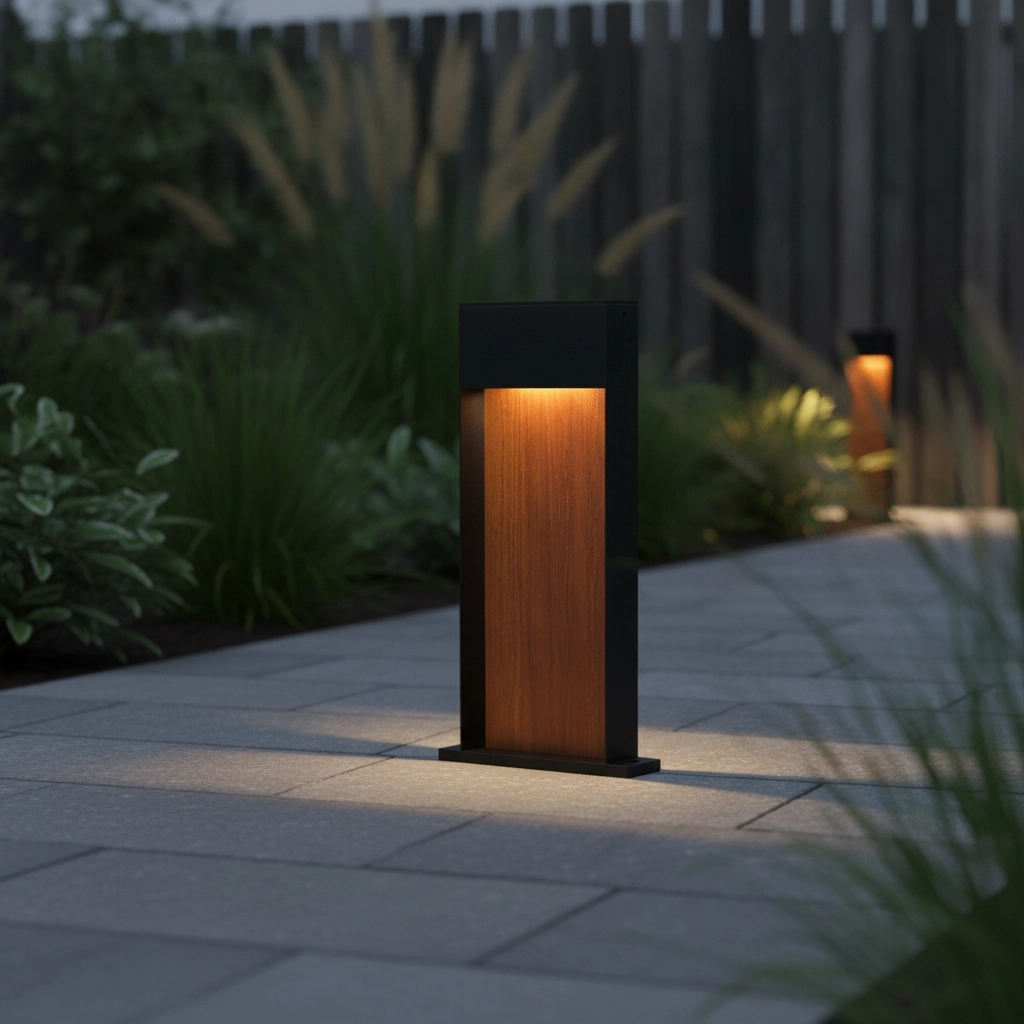 Lampe de jardin conçue Noray noir avec bois 40cm - 3000K