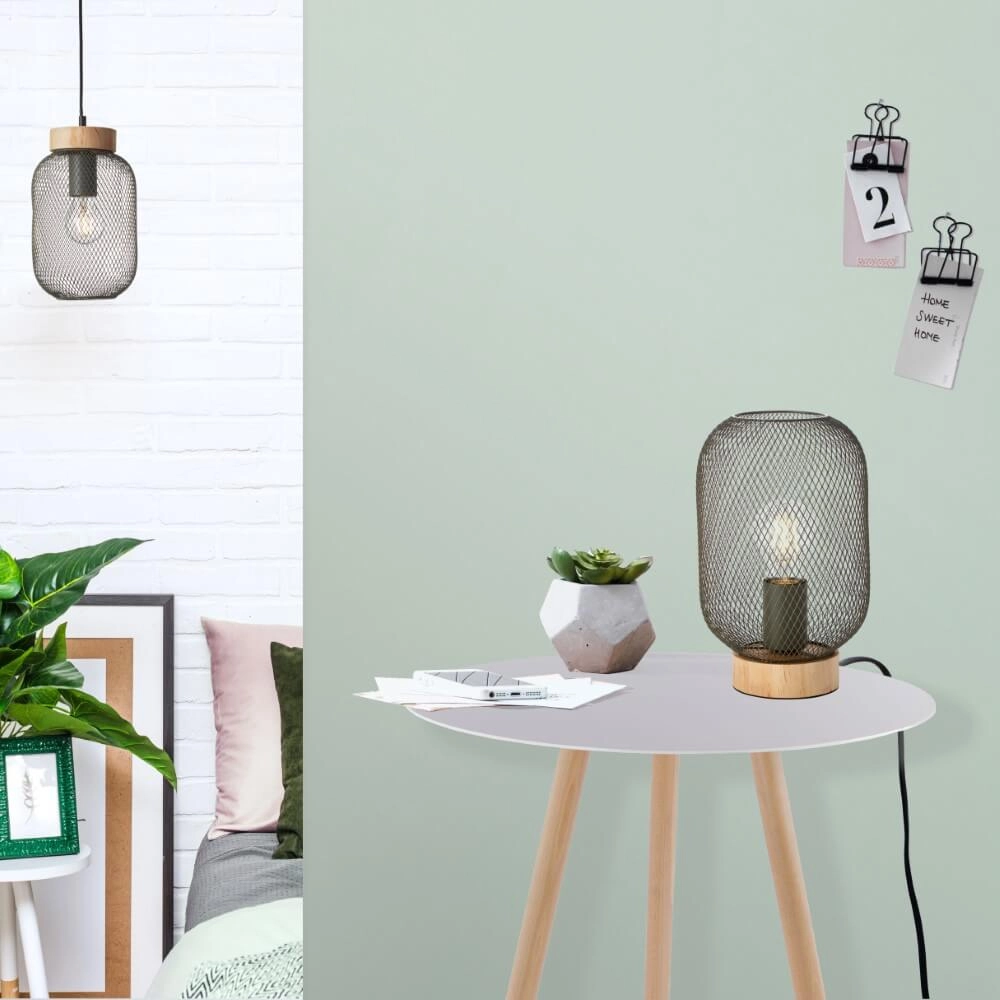 Lampe de table verte Giada avec du bois Brilliant 4004353354199