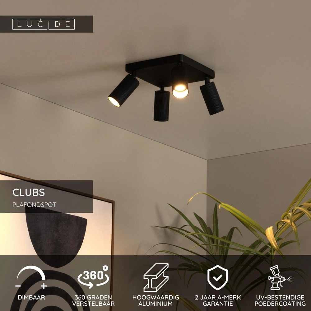 Emplacement de plafond monté en surface Clubs Noir à 4 lumières Lucide 5411212093523