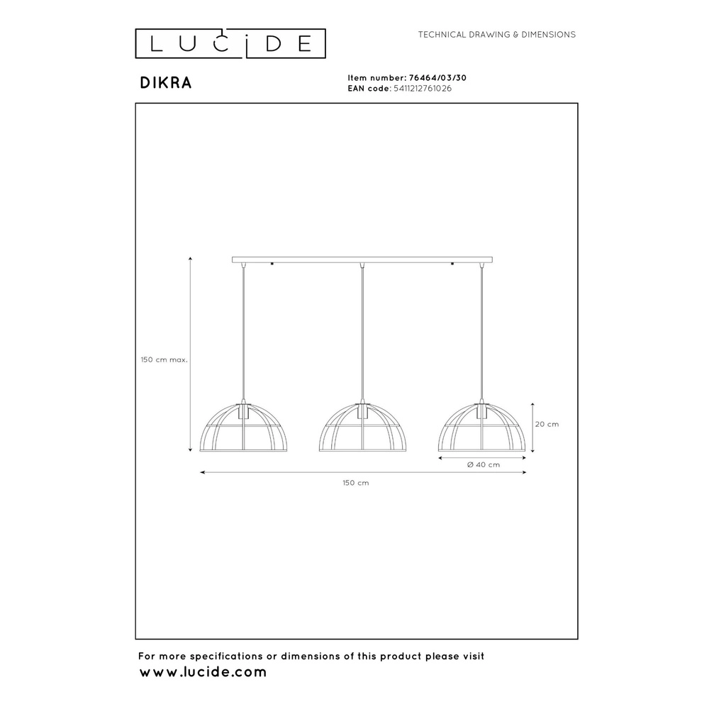 Lampe pendante à 3 lampes Dikra Industrial Black Lucide 5411212761026