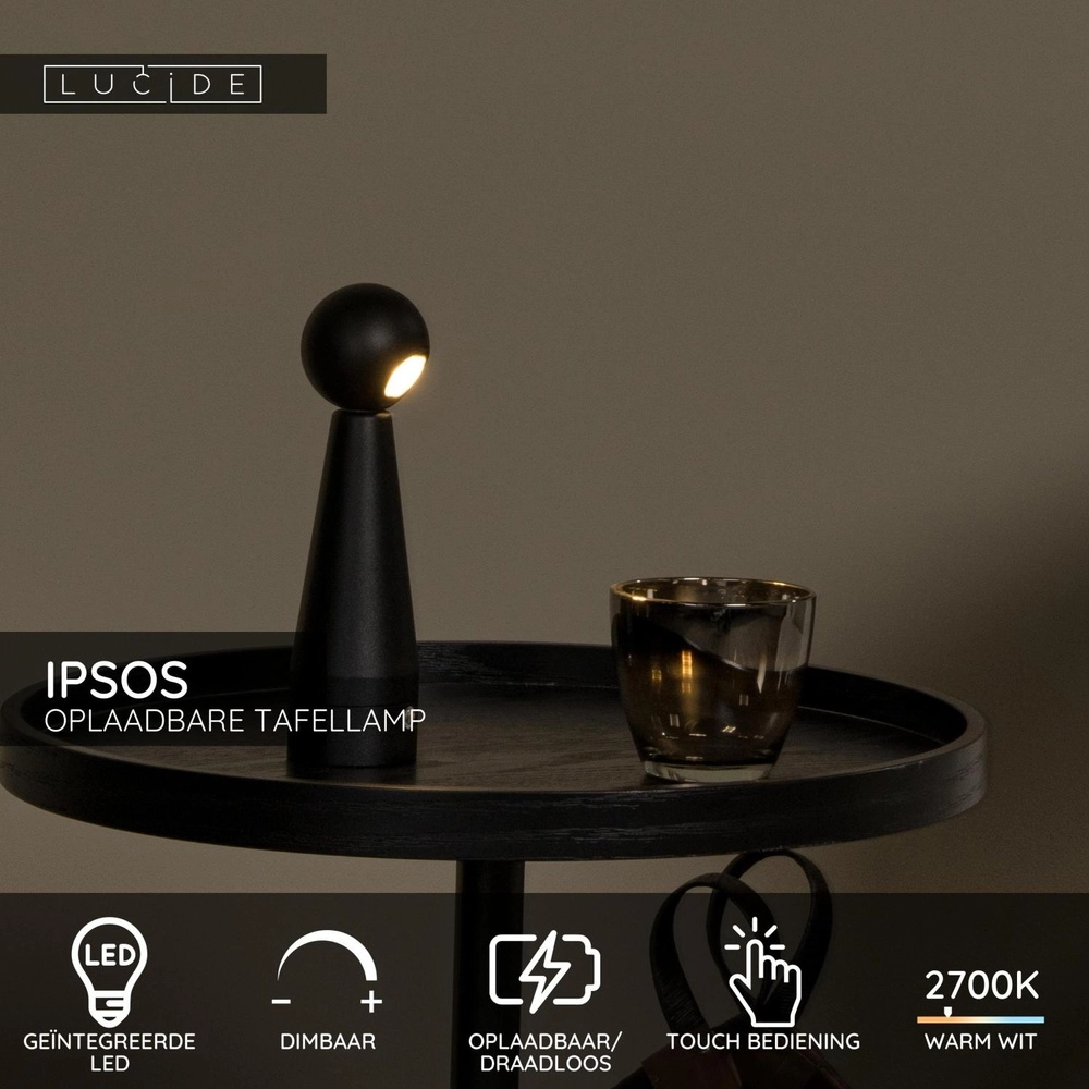 Lampe de table rechargeable Ipsos Noir Lucide 5411212333964