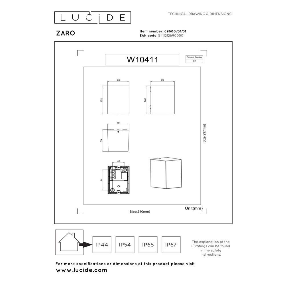 Emplacement mural de conception Zaro IP44 blanc uniquement Lucide 5411212690050