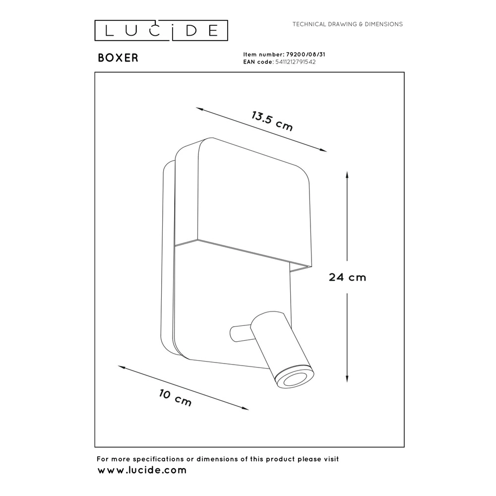Lampe de chevet Boxer blanc avec point de charge USB Lucide 5411212791542