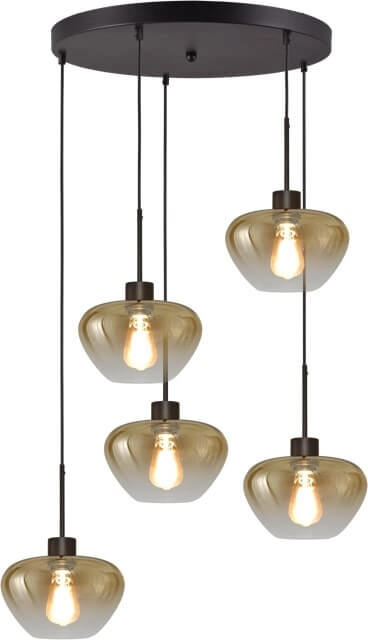 Suspension 5 lumières Genua noir avec 5x verre doré Ø 24cm