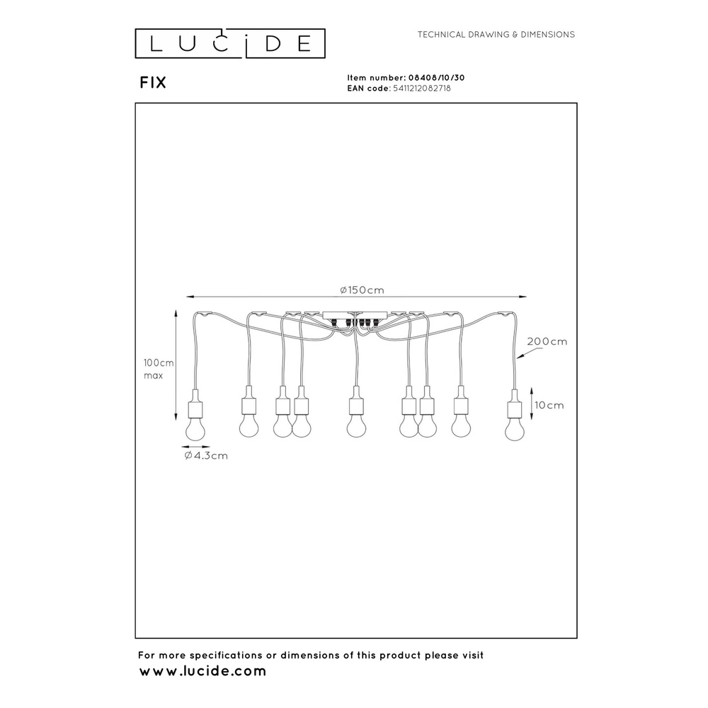 Lampe pendante à 10 lampes noires Fix Adapté pour un loft Lucide 5411212082718