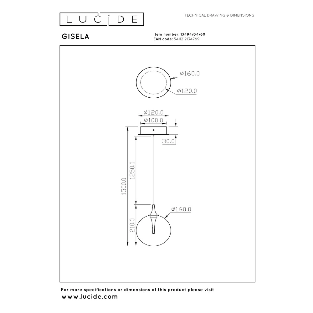 Suspension LED de conception Gisela transparent - 1x Ø 16cm Premium by Lucide 5411212134769