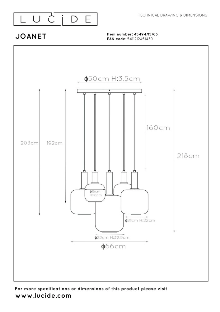 Lampe suspendue à 5 lumières Joanet Ø 66 cm d’or avec verre fumé Lucide 5411212451439